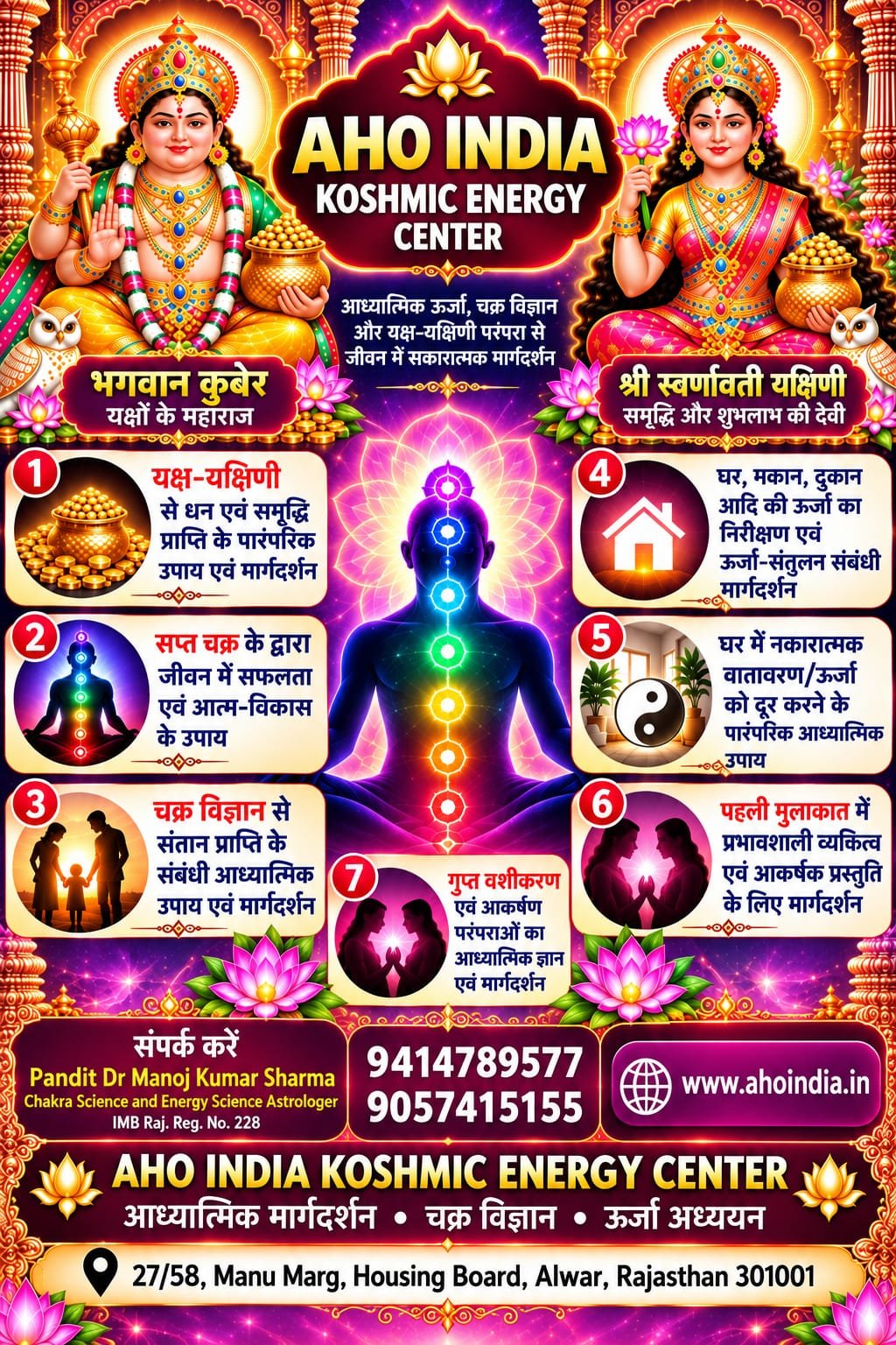 AHO India Koshmic Energy Center guidance poster featuring Bhagwan Kubera, Shri Swarnavati Yakshini, the seven chakras and all guidance services